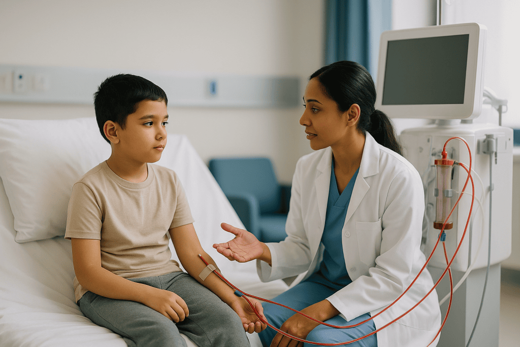 Pediatric doctor consulting child patient with dialysis equipment: What actually happens during hemodialysis for kids