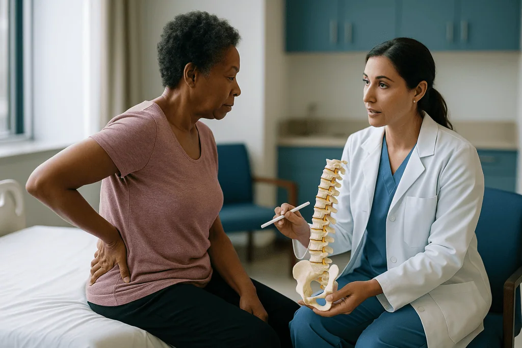 Doctor explaining spinal anatomy model to patient: What actually happens during kyphoplasty and vertebroplasty