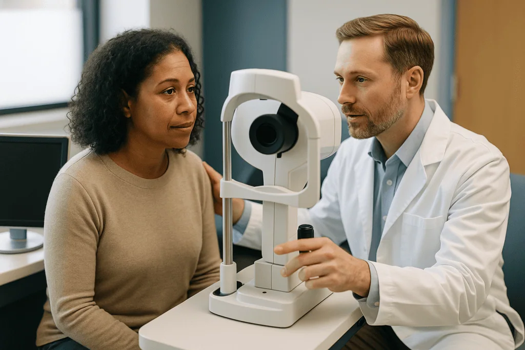 Ophthalmologist conducting eye examination with equipment — What actually happens during LASIK for astigmatism