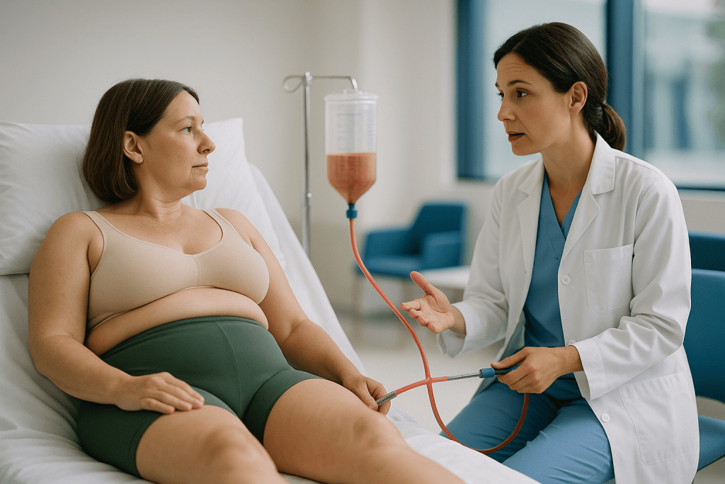 Pregnant woman in hospital bed consulting with female doctor: What actually happens during lipedema liposuction