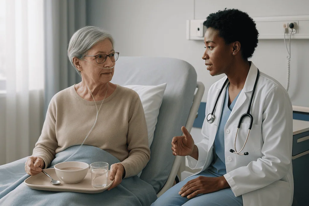Doctor consulting elderly patient in hospital room: What actually happens during lung infection treatment, step by step