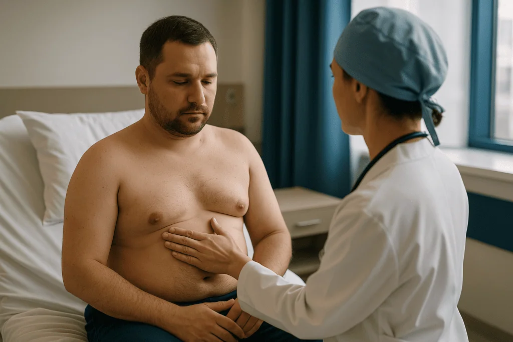 Doctor examining male patient's chest in hospital room: What actually happens during male breast reduction surgery