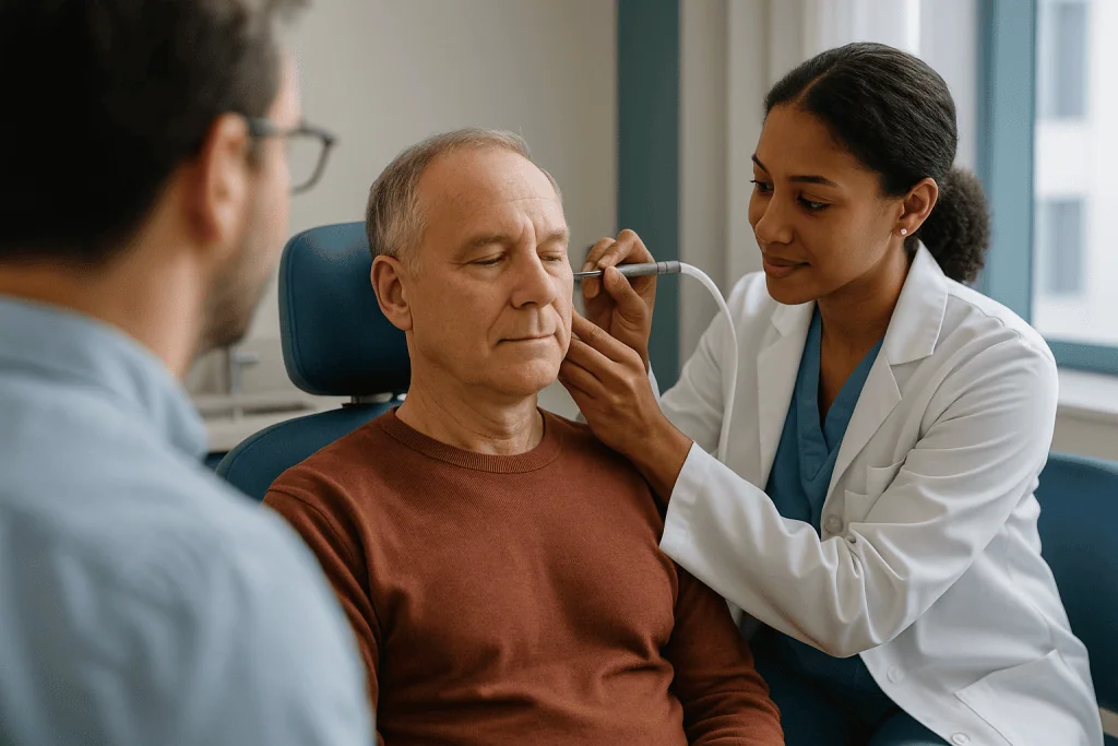 ENT specialist examining patient's ear with otoscope: What actually happens during microsuction