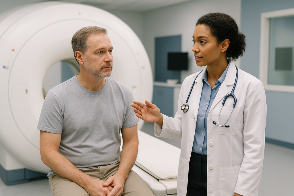 Doctor consulting patient near MRI machine: What actually happens during myasthenia gravis thymus imaging