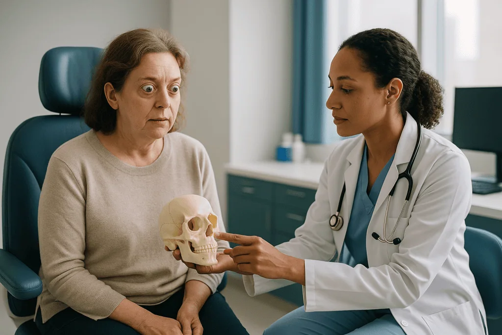 Doctor consulting patient with anatomical skull model: What actually happens during orbital decompression for thyroid eye di