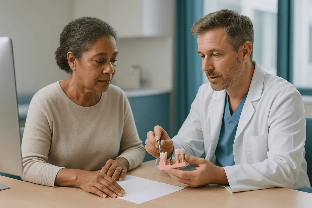 Doctor explaining dental implant model to patient: What actually happens during placement: one-piece vs two-piece