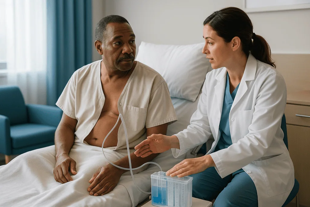 Doctor consulting patient with stethoscope in hospital room — What actually happens during pneumothorax drainage, step by ste