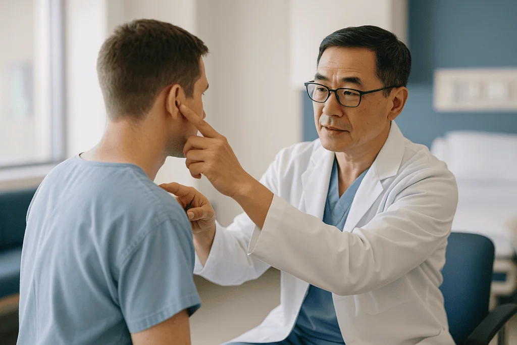 Doctor examining patient's jaw and facial structure: What actually happens during prominent ear surgery?