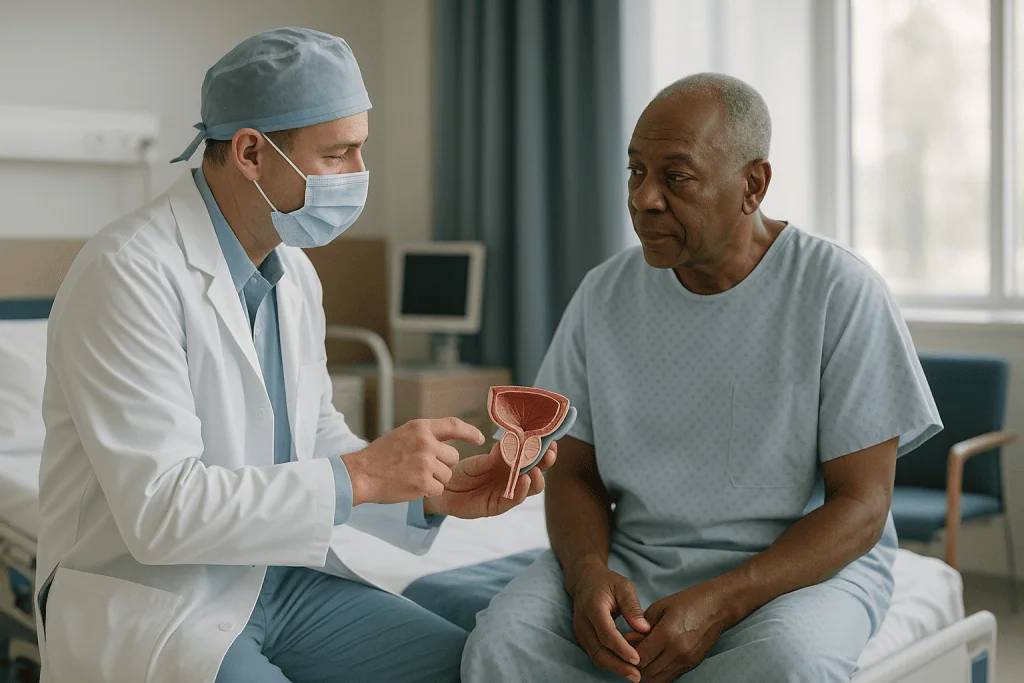 Doctor explaining prostate anatomy model to senior male patient: What actually happens during prostate surgery