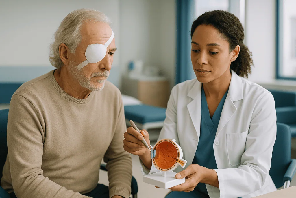 Doctor explaining eye anatomy model to patient with eye patch: What actually happens during retinal detachment surgery