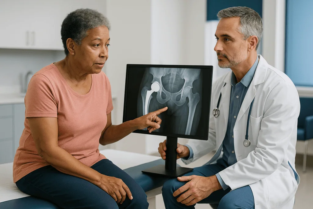 Doctor reviewing hip X-ray with mature patient: What actually happens during revision joint surgery?