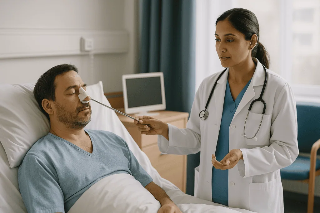 Doctor examining patient's nose with otoscope in hospital: What actually happens during septoplasty