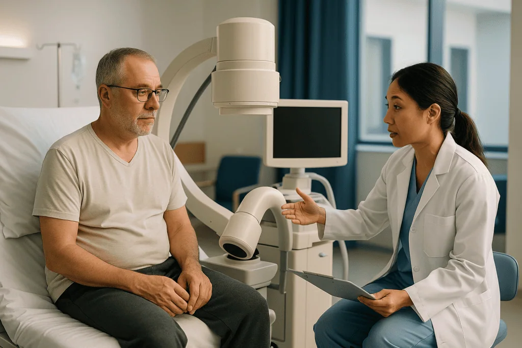 Doctor consulting male patient in clinical setting with imaging equipment: What actually happens during shock wave lithotrip