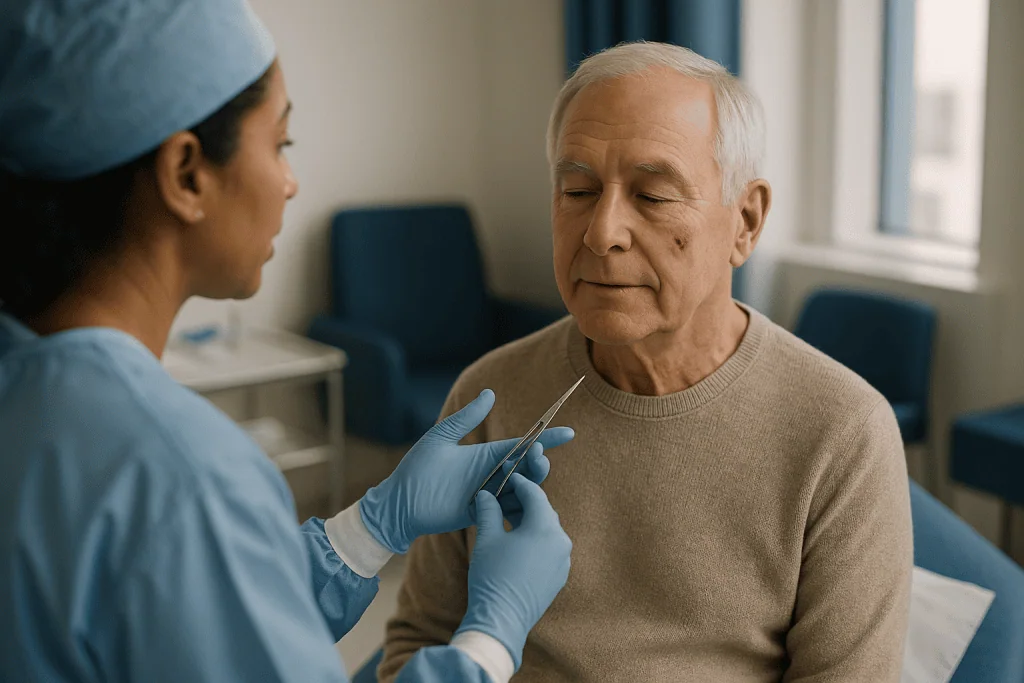 Healthcare provider examining older adult patient's skin: What actually happens during surgical treatment, from excision to 