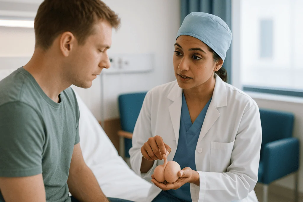 Healthcare provider consulting male patient about testicular condition — What actually happens during testicular torsion surg