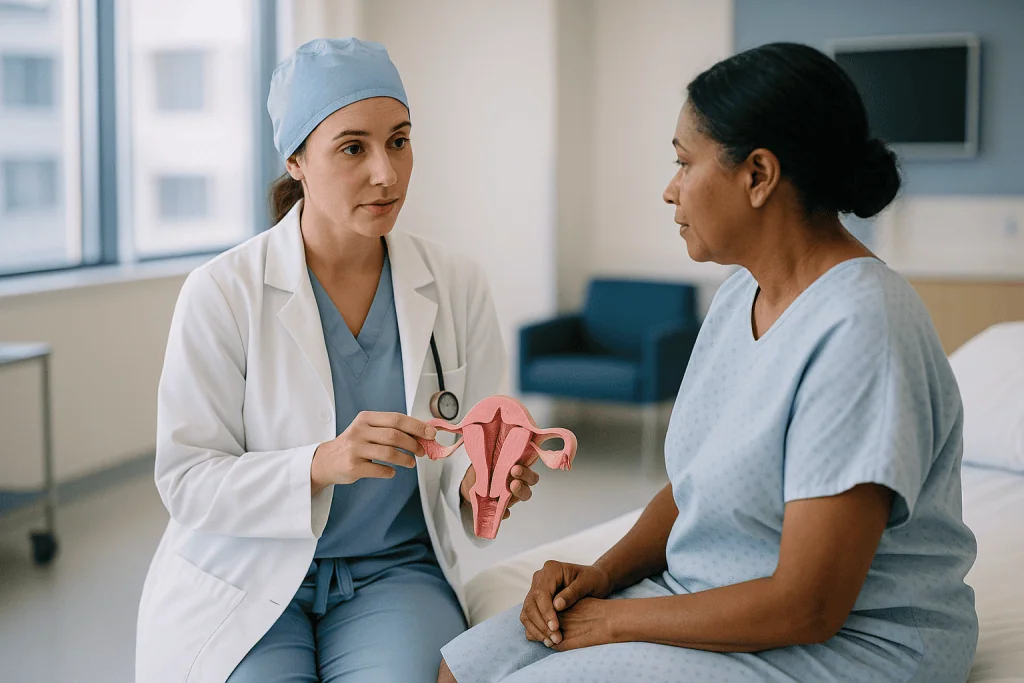 Female doctor discussing reproductive anatomy model with patient: What actually happens during vulvar cancer surgery