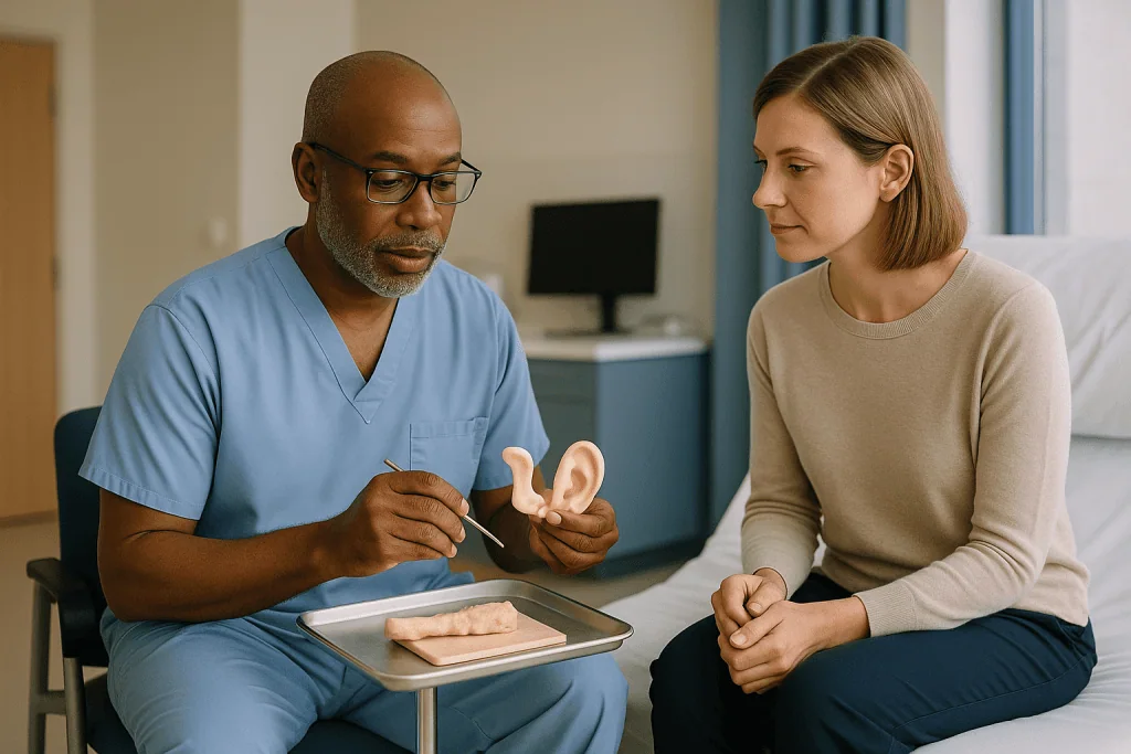 Healthcare professional consulting with patient using ear model: What actually happens: harvesting rib cartilage and carving