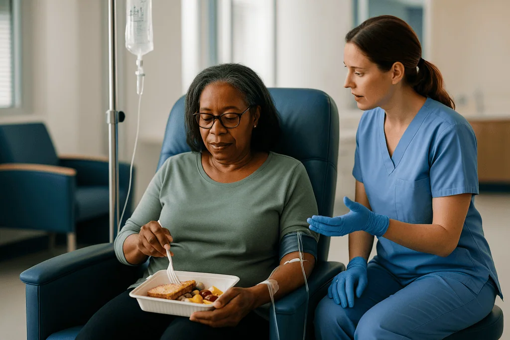 Healthcare worker assisting patient with meal during IV infusion: What actually happens hour by hour during the drip