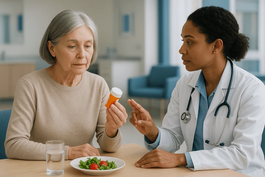 Doctor consulting elderly patient about medication bottle: What actually happens: how glucocorticoids calm PMR