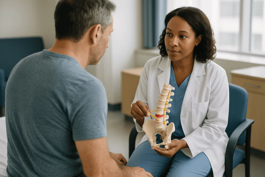 Doctor explaining spine model to male patient: What actually happens in a discectomy, and what the 'repair' really is