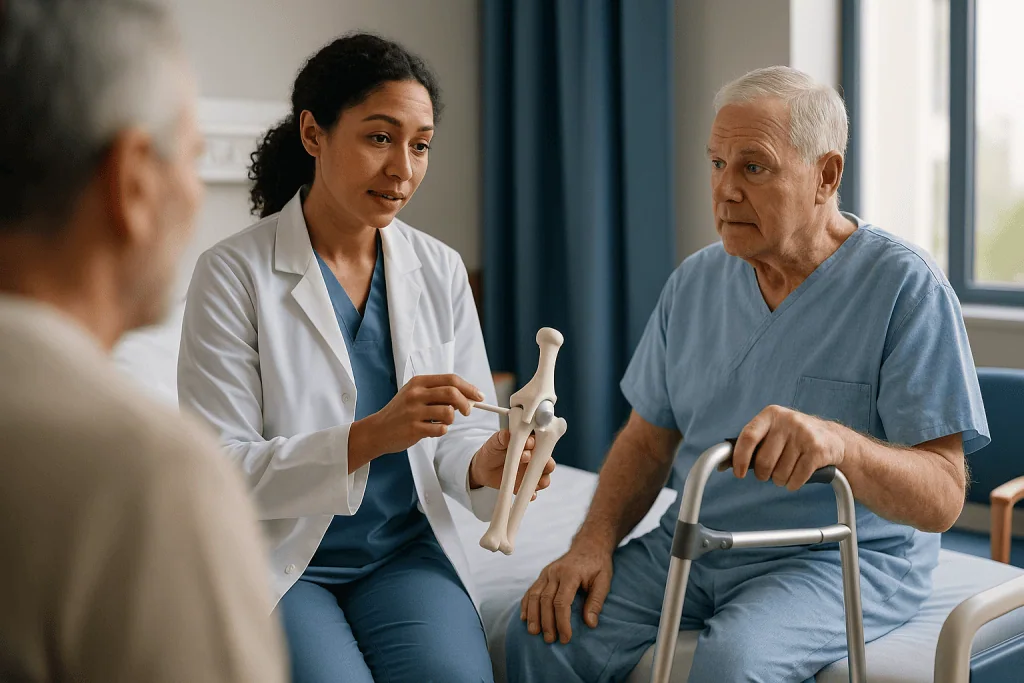 Doctor explaining bone model to elderly male patient: What actually happens in a hip, knee or shoulder replacement operation