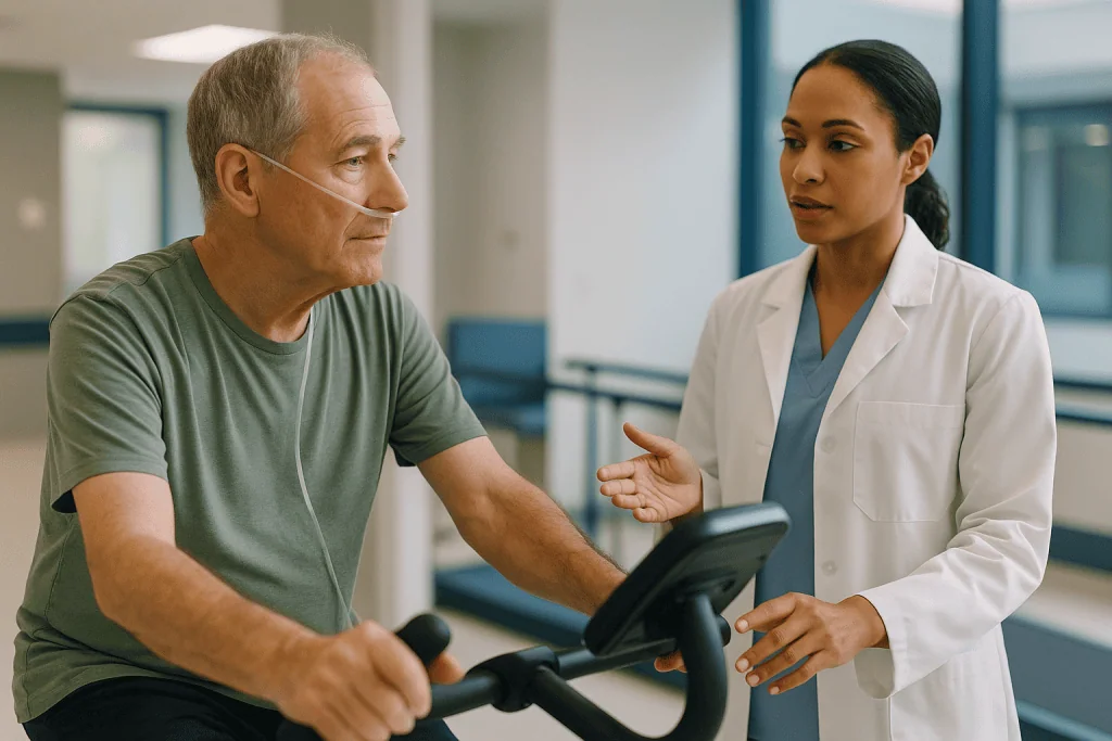 Doctor consulting patient on stationary exercise bike: What actually happens in a pulmonary rehab program