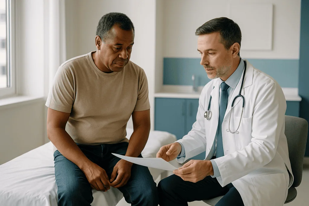 Doctor reviewing test results with adult male patient: What actually happens in a thorough Peyronie's assessment