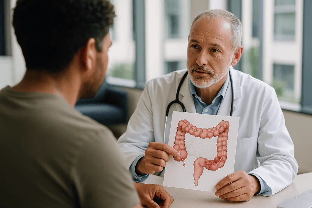 Doctor consulting patient about colon anatomy diagram: What actually happens in an inflamed colon, and why treatment targets