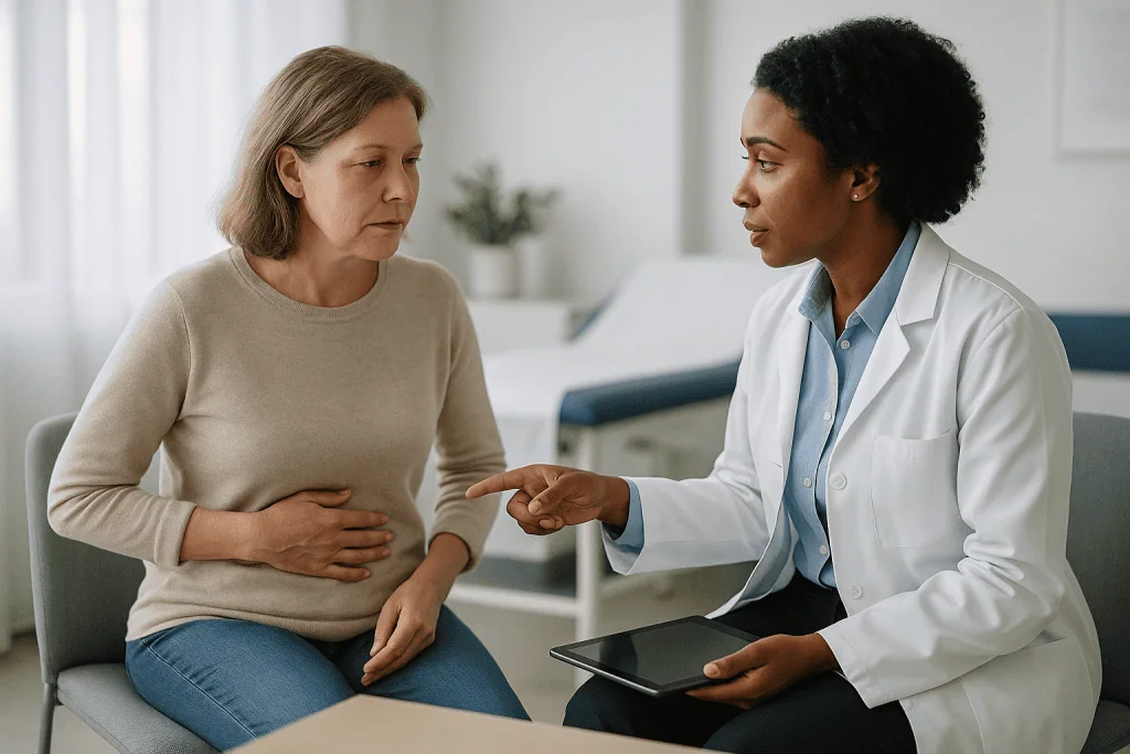 Doctor consulting patient about digestive symptoms in clinic: What actually happens in an irritable bowel, and why treatment