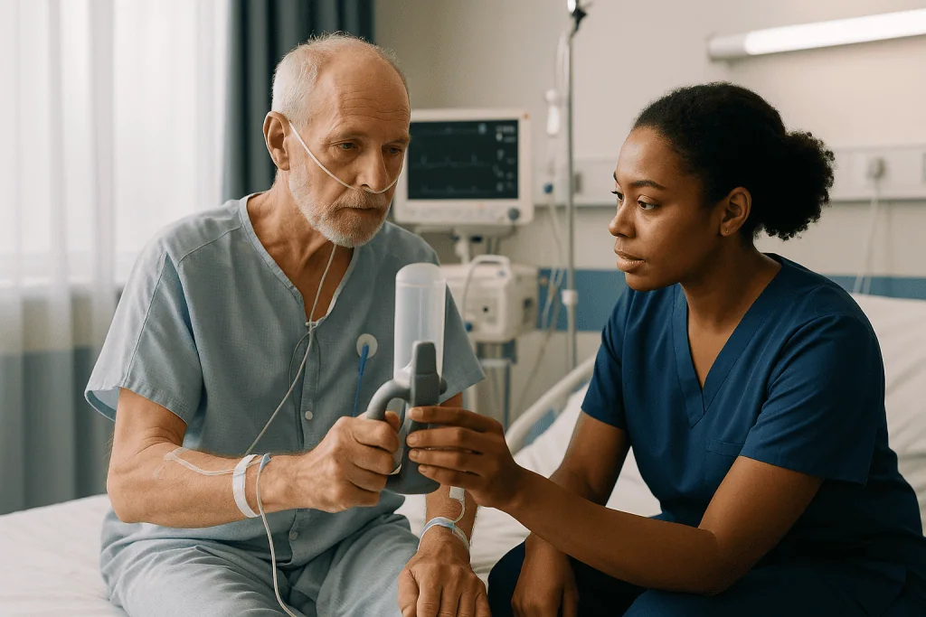 Healthcare worker consulting patient with handheld device in hospital: What actually happens in intensive care after heart s