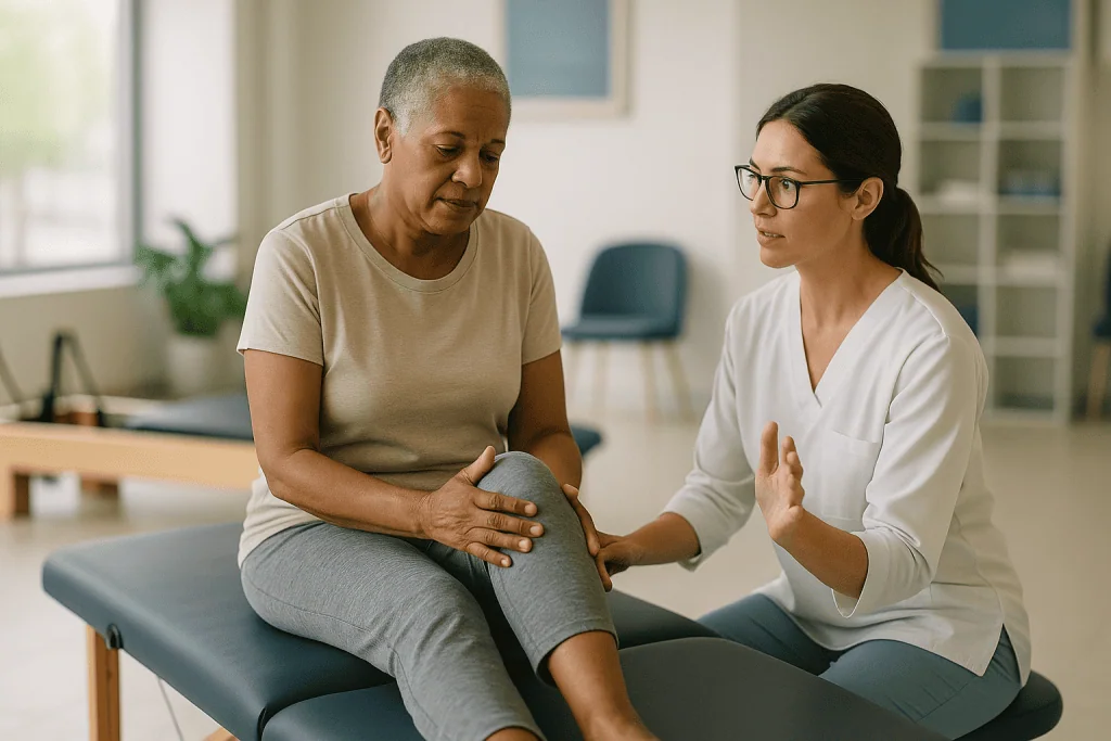 Physical therapist examining patient knee during consultation: What actually happens in physical therapy for osteoarthritis