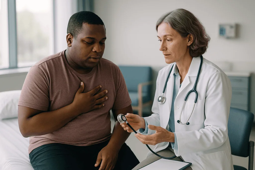Doctor examining male patient with stethoscope in clinic: What actually happens in rheumatic fever: how a strep throat turns