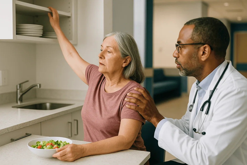 Doctor consulting senior woman in kitchen about nutrition: What actually happens in shoulder impingement