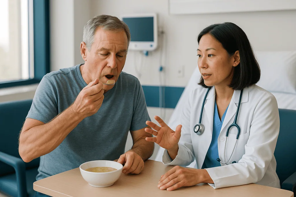 Doctor observing patient eating soup during consultation: What actually happens in swallowing rehabilitation?