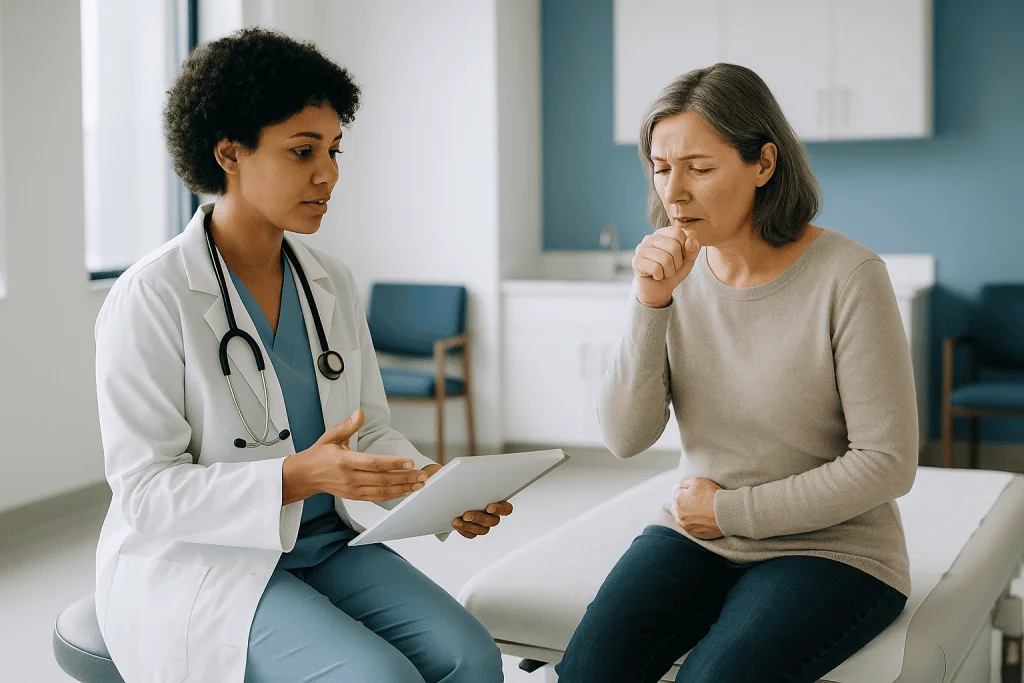 Doctor consulting with adult patient in clinic: What actually happens in the airways, and why the cough outlasts the germ