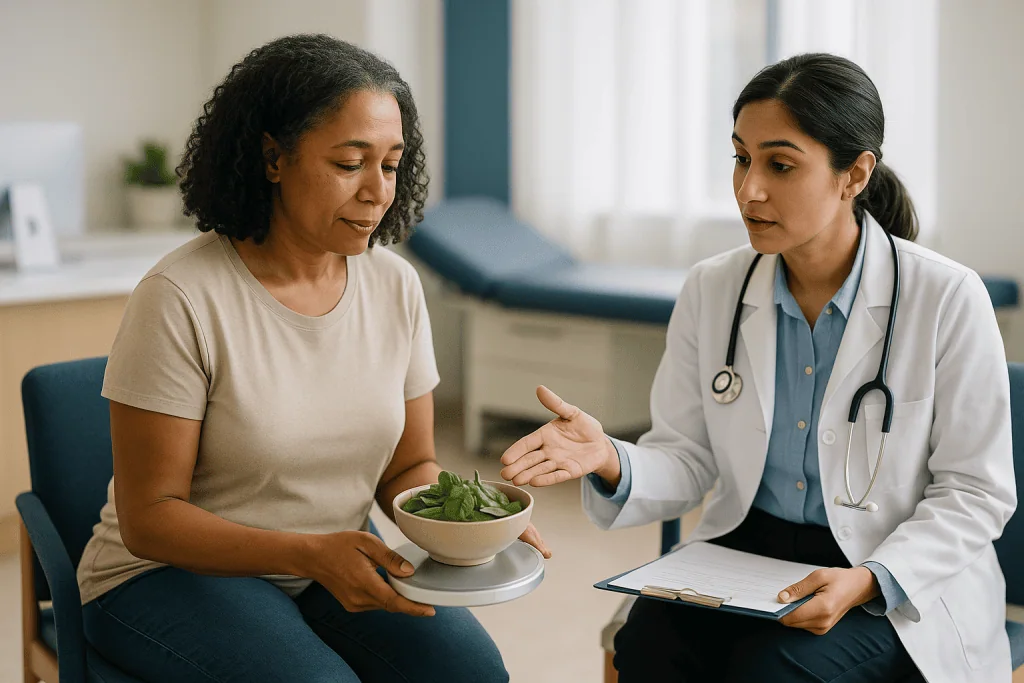 Doctor consulting patient with salad bowl: What actually happens in the anemia workup before anyone mentions a referral