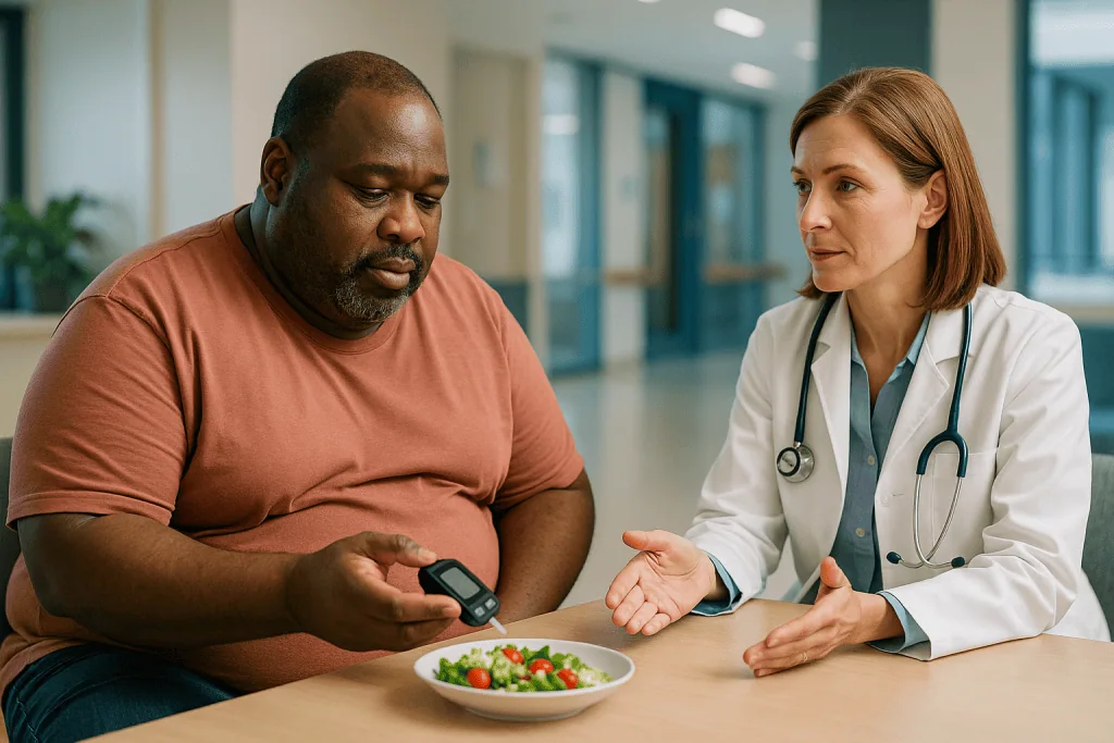 Doctor consulting obese patient about blood glucose monitoring: What actually happens in the body when weight and blood suga