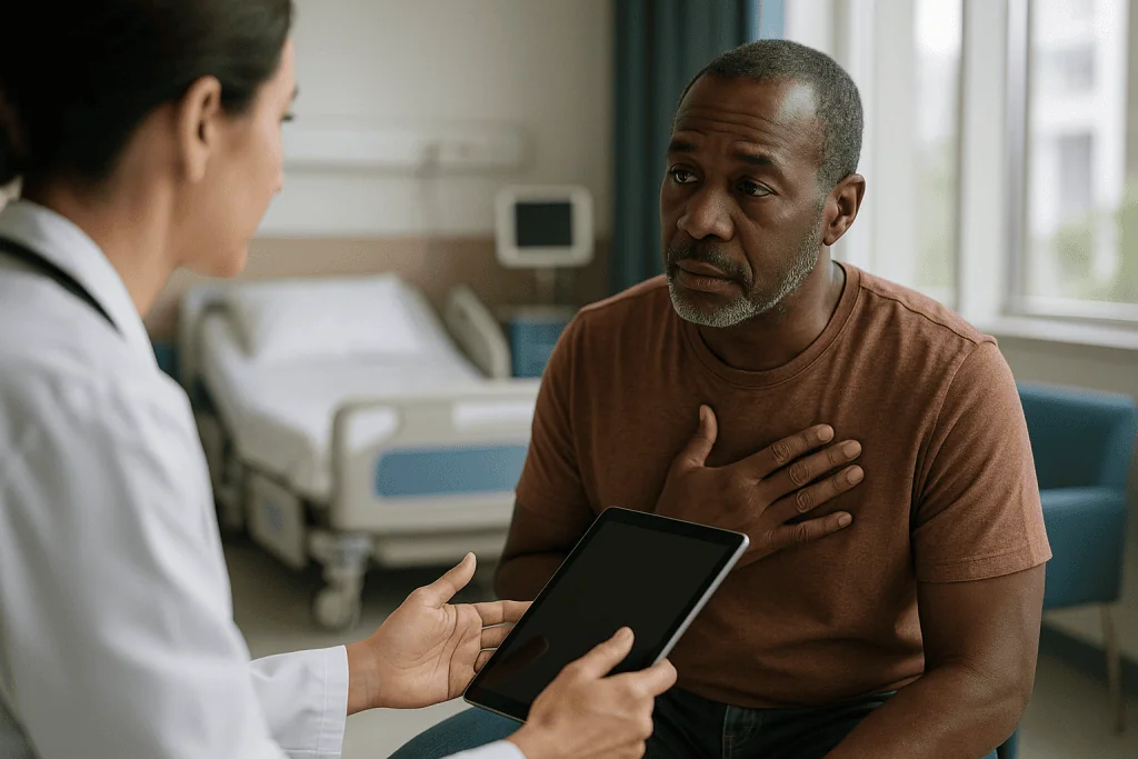 Doctor consulting patient with tablet in hospital room: What actually happens in the body with sarcoidosis