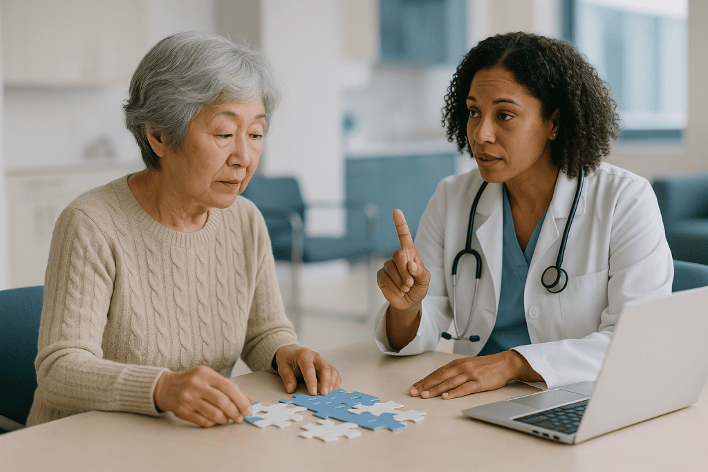 Doctor discussing cognitive assessment with elderly patient: What actually happens in the brain