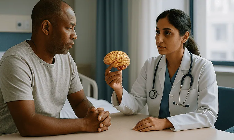 Doctor explains brain function to patient during consultation at hospital.