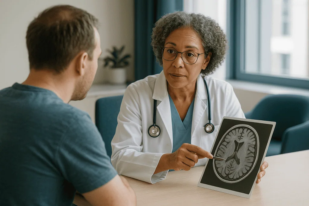 Doctor discussing brain MRI scan with adult patient: What actually happens in the brain during a seizure?