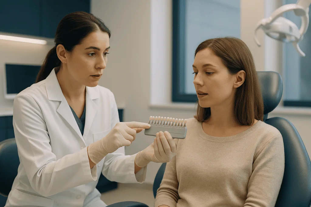 Dentist showing shade guide to patient in clinical setting — What actually happens in the chair: preparation step by step