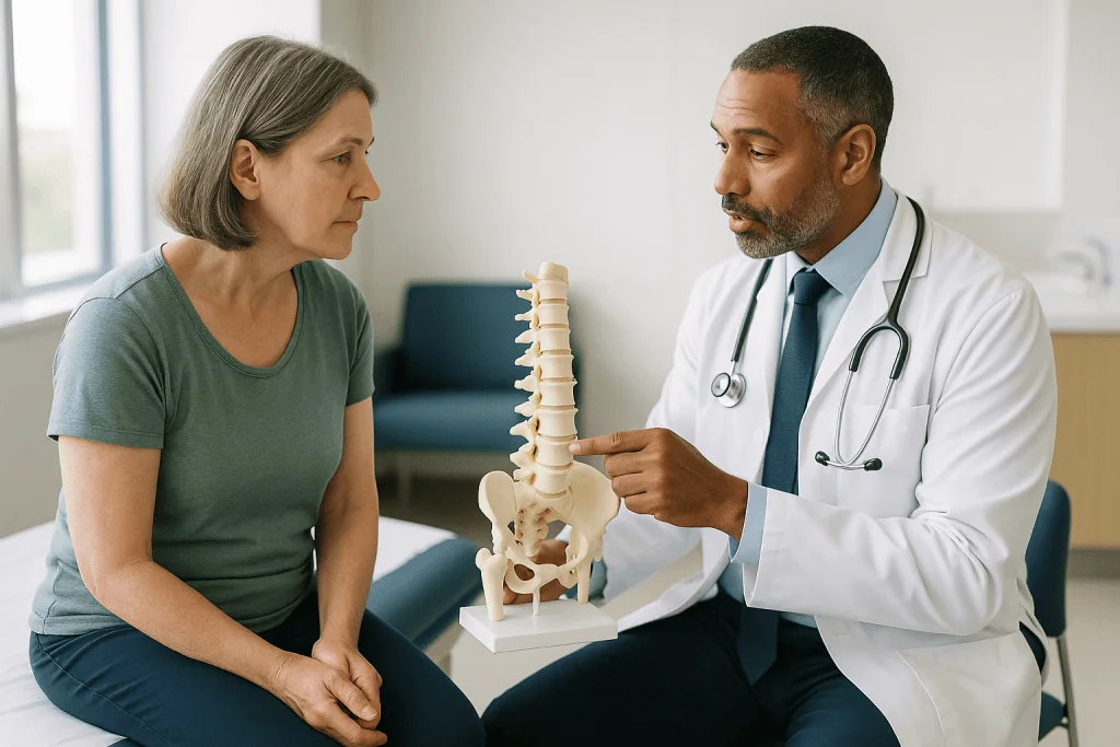 Doctor explaining spine model to adult patient consultation: What actually happens in the common spine operations