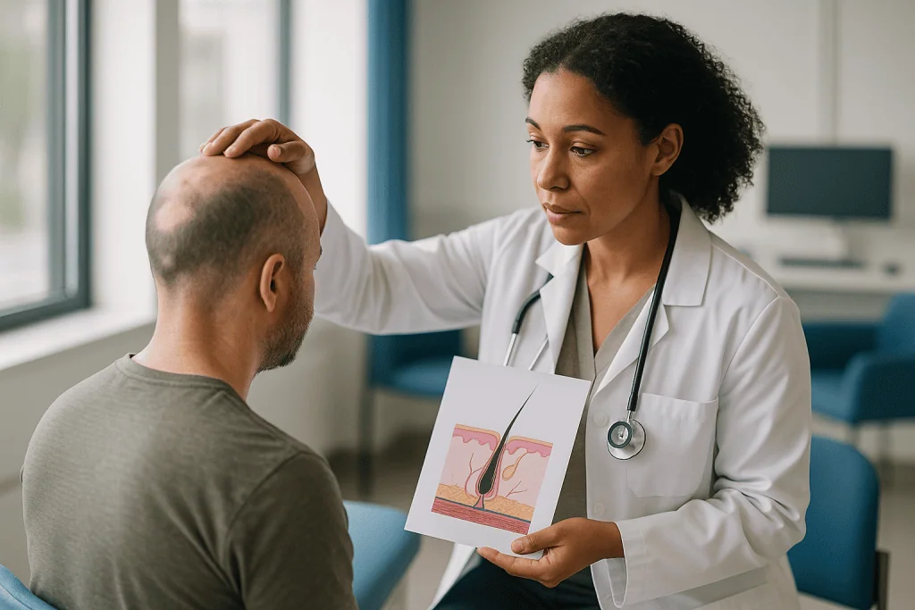 Female dermatologist examining male patient's scalp: What actually happens in the follicle during alopecia areata