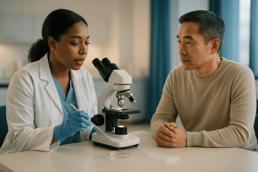 Female clinician explaining microscopy procedure to male patient: What actually happens in the lab during conventional IVF