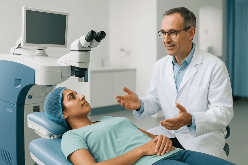 Ophthalmologist consulting patient with microscope equipment: What actually happens in the laser room