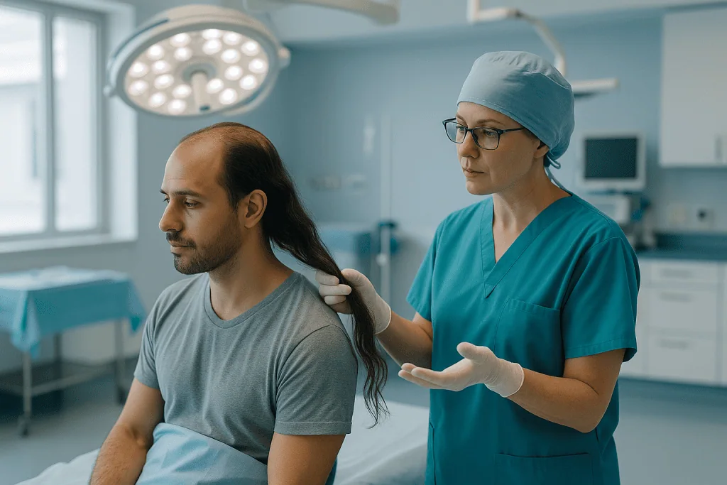 Doctor examining patient's shoulder in clinical setting: What actually happens in the operating room when the donor hair sta