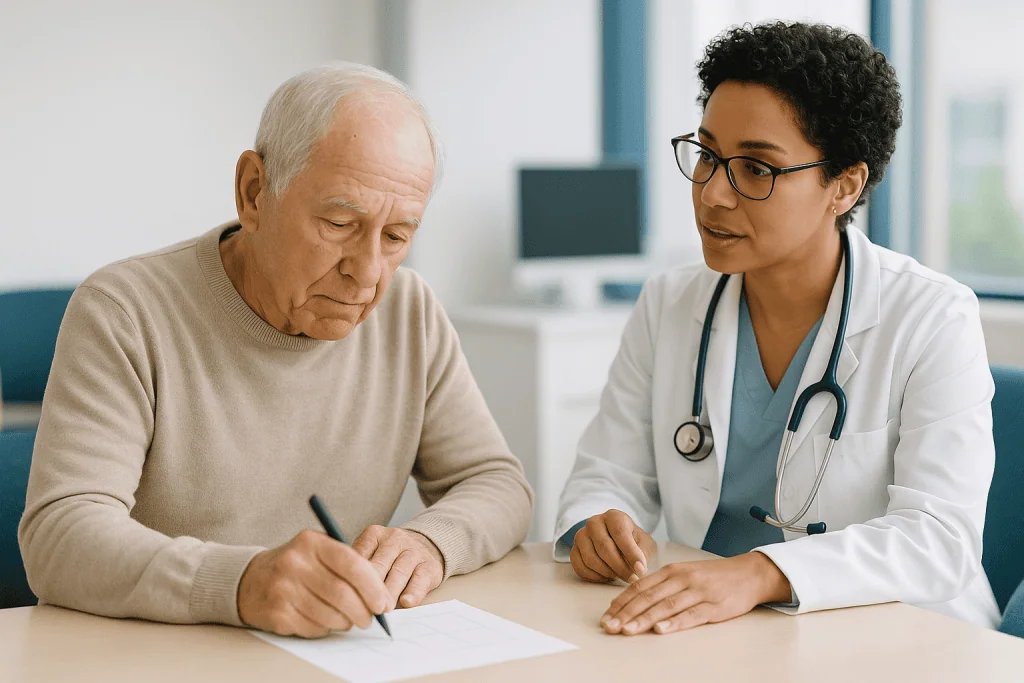 Doctor consulting with elderly patient, reviewing medical documents: What actually happens in the room: how a cognitive asse