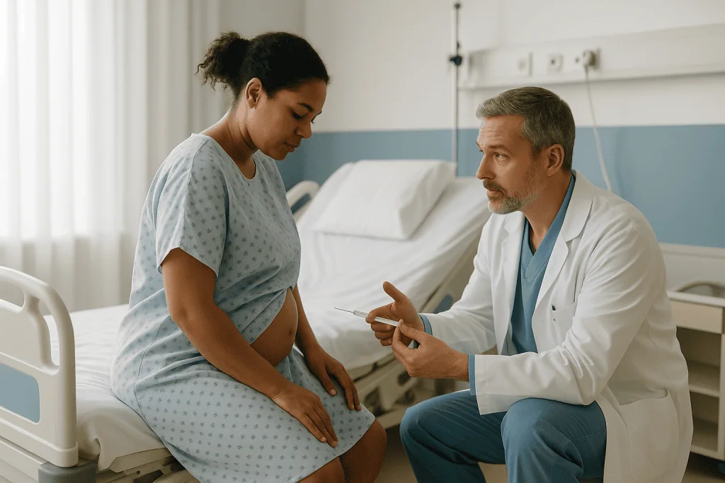 Pregnant woman consulting with male doctor in hospital room: What actually happens in the room, step by step