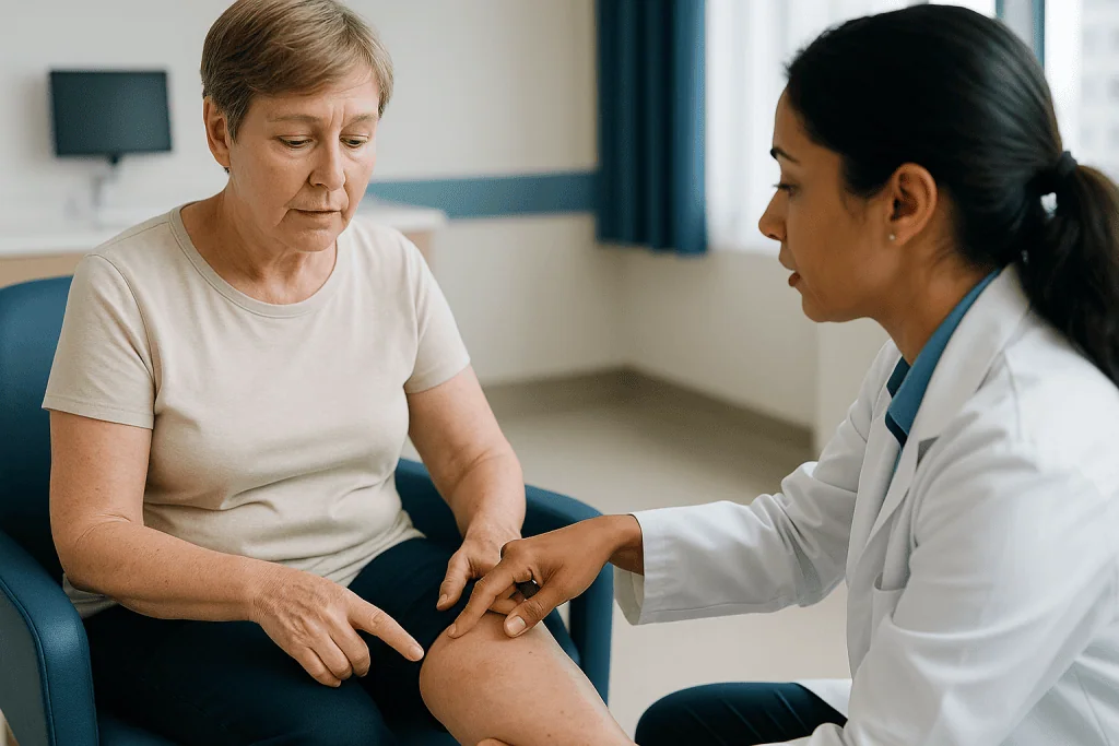 Doctor examining patient's knee and lower leg: What actually happens in the skin during an episode